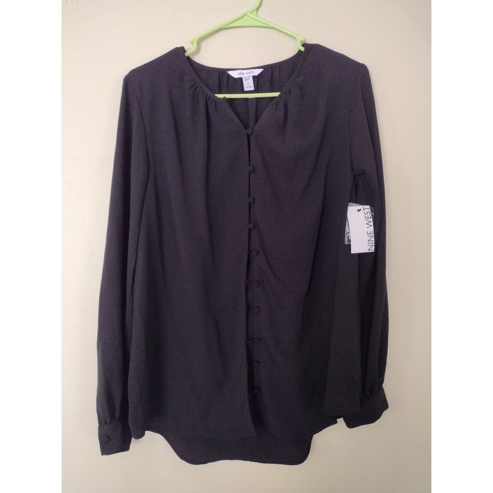 Nine West Black Long Sleeve Button-Front Blouse